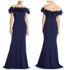 Aidan Mattox Navy Off-Shoulder Gown With Organza Ruffle Neckline & Fishtail Hem